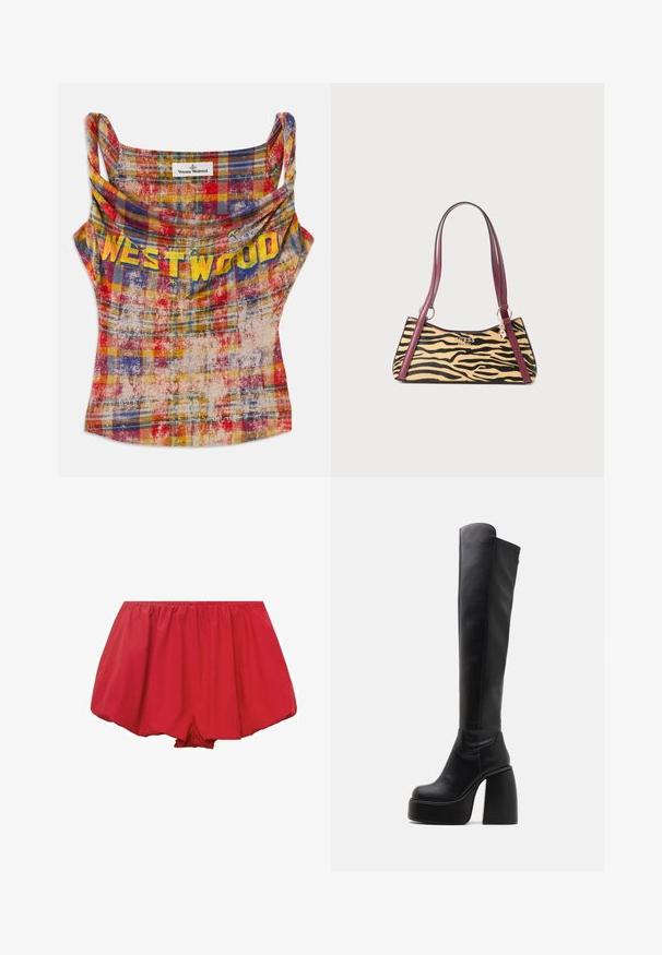 Top scurt cu carouri în nuanțe vibrante de roșu, galben și albastru. Dispune de un guler drapat și textul "WESTWOOD" într-o nuanță de galben intens. Material moale și texturat.; Pantaloni scurți roșii, ușori, cu un tiv elastic. Prezintă un design liber, evazat și material gathered pentru o potrivire relaxată.; Buffalo HEART STRETCH BOOT - Cizme cu platformă - black; Geantă mică cu un model print cu tigru, curele din piele bordeaux, logo Guess cu tonuri aurii și un pandantiv atârnat de inelul curelei.