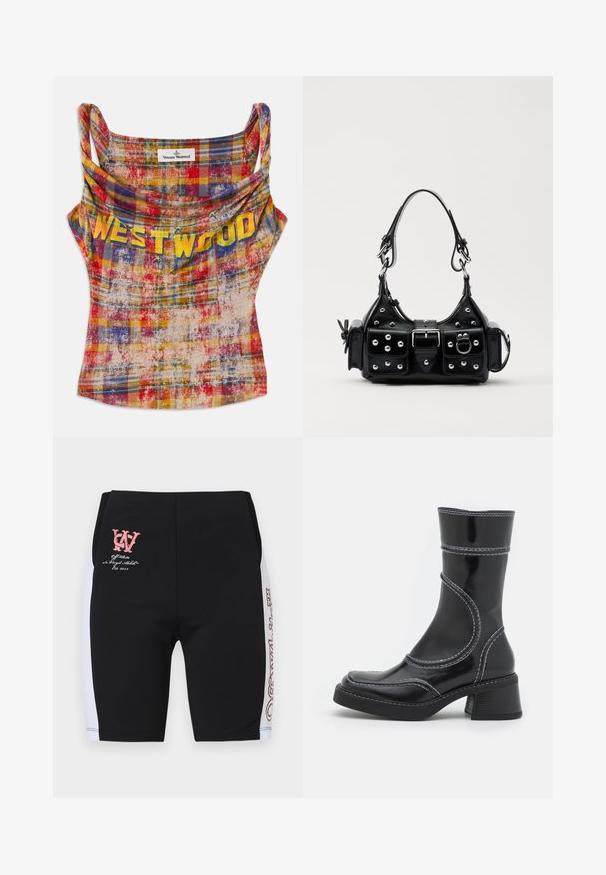 Top corto a righe nei colori vivaci rosso, giallo e blu. Presenta un scollo drappeggiato e il testo "WESTWOOD" in bold giallo. Tessuto morbido e strutturato.; Pantaloni corti sportivi neri con pannelli laterali bianchi, con un logo e testo rosa sulla parte anteriore. Realizzati in materiale elasticizzato, progettati per il comfort.; Stivale alla caviglia in pelle verniciata nera con cuciture bianche, punta arrotondata e tacco a blocco. Presenta linee di design curve e una texture liscia.; Borsa a mano in pelle nera con design curvo, caratterizzata da borchie argentate, una fibbia e due tasche laterali. Tracolla regolabile per diverse opzioni di trasporto.