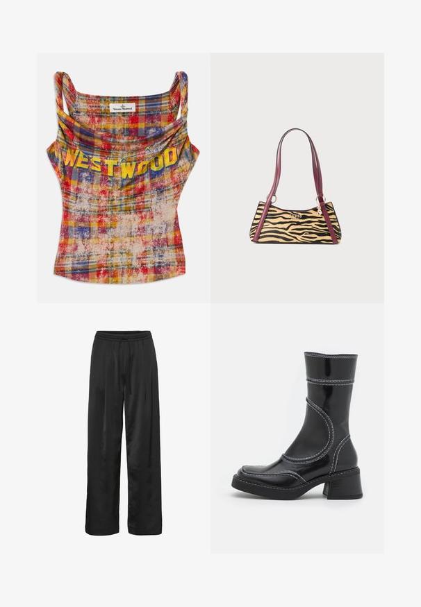 Kuttet, rutete tanktopp i livlige røde, gule og blå farger. Har en drapert halslinning og "WESTWOOD"-tekst i fet gul skrift. Mykt, teksturert stoff.; Svart bredbente bukser laget av glatt, blankt stoff. Har strikk i livet med snor for justerbar passform.; Svart patentlær ankle boot med hvite sømmer, rund tå og blokkhelt. Har buede designlinjer og en glatt tekstur.; Liten håndveske med tigermønster, burgunder lærreimer, gullfarget Guess-logo og en anheng som henger fra stroppen.