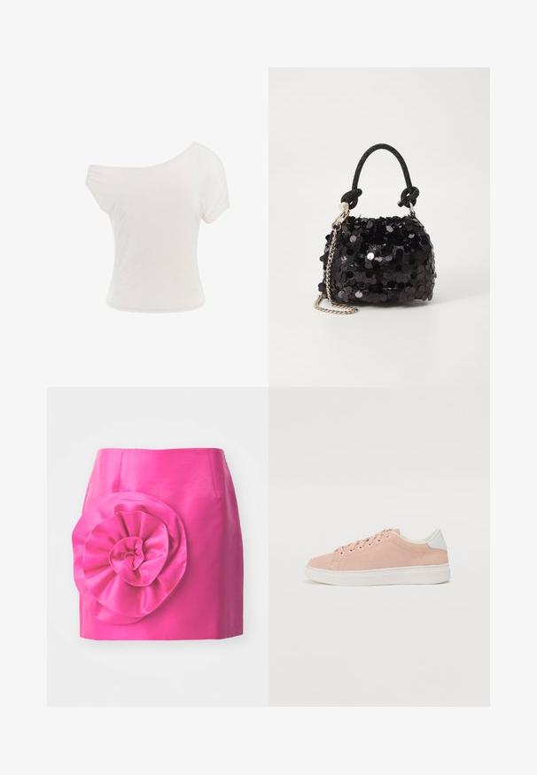 Balta off-the-shoulder t-shirts, pagaminta iš minkšto, lengvo audinio. Trumpi rankovės, aptemptas siluetas ir sukurtas apvadas. Lygus tekstūra.; Rožinė satino sijonas su prigludusia forma ir dideliu, tekstūriniu gėlių akcentu kairėje pusėje. Lygi paviršius su blizgiu apdaila.; Šviesiai rožiniai zomšiniai sportbačiai su balta guma apatinėje dalyje, su apvaliu pirštu ir baltu kulno akcentu. Yra plokščios raišteliai ir minimalus prekės ženklas šone.; Juodas blizgučių mini rankinukas su mazguotu tekstūruotu dirželiu ir sidabro grandine. Suapvalinta forma su susiraukšlėtopu ir atspindinčiomis detalėmis.