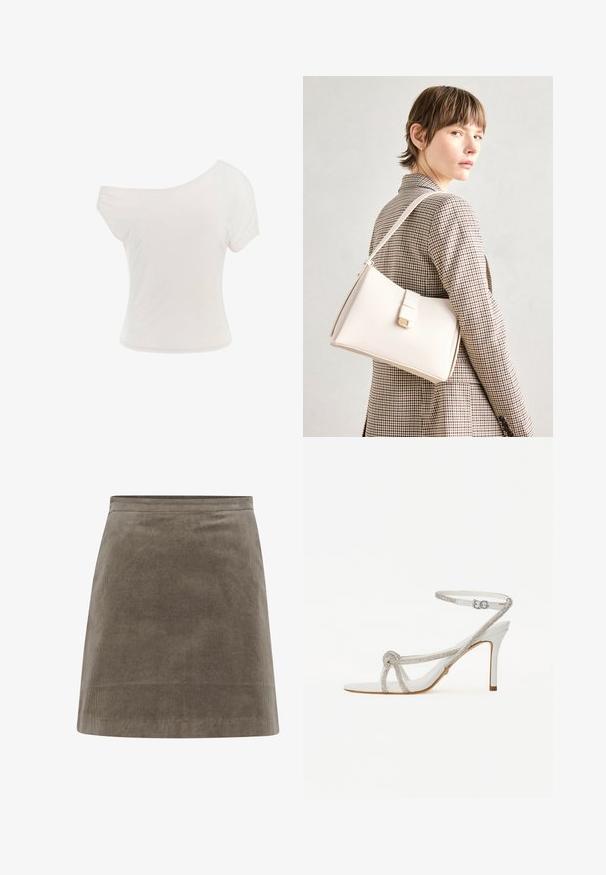 Balta off-the-shoulder t-shirts, pagaminta iš minkšto, lengvo audinio. Trumpi rankovės, aptemptas siluetas ir sukurtas apvadas. Lygus tekstūra.; Chaki spalvos kordūrinių mini sijonas su tiesia forma, lygiu paviršiumi ir paprastu juosmeniu, dekoruotas vertikaliomis briaunelėmis.; Baltos aukštakulnės šlepetės su tekstūruota dirželiu, puoštu krištolo akmenimis, atvira pirštų dalimi ir kulkšnies dirželiu su reguliuojama sagtimi.; Balto odos rankinė su struktūrizuotu dizainu, turinti magnetinį užsegimą ir petnešą, demonstruojama prieš neutralią foną.