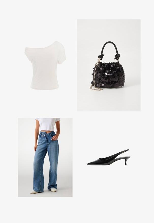 Biała bluzka typu off-the-shoulder wykonana z miękkiej, lekkiej tkaniny. Krótkie rękawy, dopasowany krój i wywinięty dół. Gładka faktura.; Jasnoniebieskie jeansy o szerokim kroju, z wysokim stanem, z podwójnymi guzikami i luźnym fasonem aż do dołu, w połączeniu z białymi trampkami.; Czarne lakierowane czółenka na odkrytej pięcie z ostro zakończonym noskiem, smukłym obcasem i akcentem w postaci klamry na pasku. Gładka faktura i elegancki design.; Czarna mini torebka z cekinami, z węzłowym, teksturowanym paskiem i srebrnym łańcuchem. O zaokrąglonym kształcie z marszczoną górą i refleksyjnymi detalami.