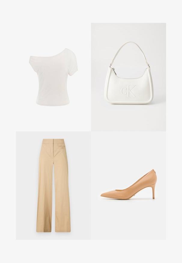 Biała bluzka typu off-the-shoulder wykonana z miękkiej, lekkiej tkaniny. Krótkie rękawy, dopasowany krój i wywinięty dół. Gładka faktura.; Beżowe spodnie typu wide-leg wykonane z mieszanki bawełny. Charakteryzują się gładką teksturą, elastycznym pasem i detalem z guzikiem z boku.; Beżowe skórzane szpilki z ostrym noskiem i wąską szpilką. Gładka tekstura i minimalistyczny design, z niskim, w kształcie litery V otwarciem.; Biała skórzana torebka o zaokrąglonym kształcie, z wytłoczonym logo "CK" z przodu i pojedynczym paskiem na ramię. Zapięcie na zamek z góry.