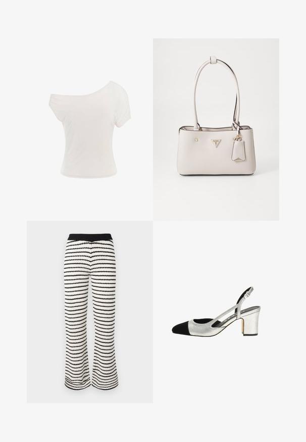 Camiseta blanca sin mangas hecha de un tejido suave y ligero. Manga corta, forma ajustada y detalle de dobladillo enrollado. Textura suave.; Pantalones de pierna ancha de punto en rayas blanco y negro. Presentan una cinturilla acanalada y una tela texturizada con un patrón ondulado en toda su extensión.; Zapato de tacón slingback plateado con punta negra, parte superior texturizada y tacón de bloque. Presenta lados recortados y una correa ajustable para un mejor ajuste.; Bolso de mano de imitación cuero beige con textura suave, doble asa para el hombro, herrajes dorados, placa con el logo y una etiqueta adjunta.