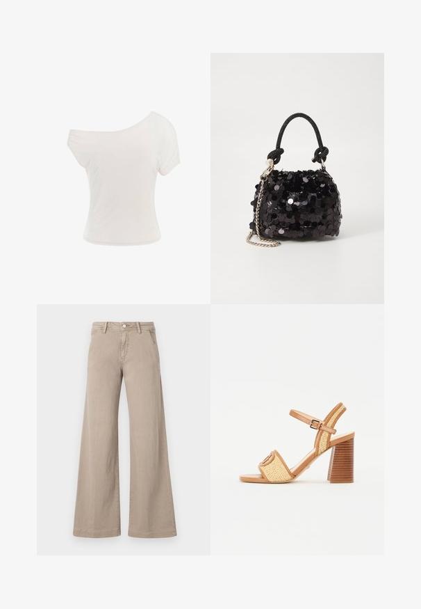 Balta off-the-shoulder T-kreklā, izgatavota no mīksta, viegla auduma. Īsas piedurknes, pieguļošs siluets un ruļļu apdare. Gluda tekstūra.; Beige platās kājas džinsi, izgatavoti no kokvilnas ar gludu tekstūru, ar priekšējo pogu aizdari un klasisko piecu kabatu dizainu.; Brūni ādas un austu salmu papēžu sandales ar potīšu siksniņu, atvērtu purngalu un masīvu koka izskata papēdi ar horizontālām svītrām.; Melna spīguļota mini rokas soma ar mezglotu teksturētu siksniņu un sudraba ķēdi. Apaļa forma ar sakopotām malām un atstarojumu detaļām.