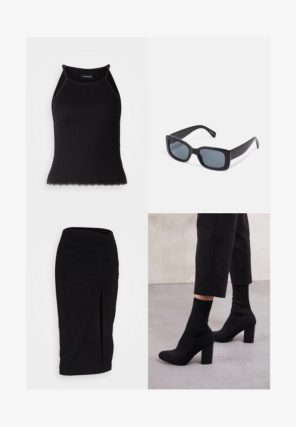 Czarny ribbed top na ramiączkach z falbaniastym koronkowym wykończeniem u dołu. Posiada cienkie ramiączka i dopasowany krój. Wykonany z rozciągliwego materiału.; Czarna, marszczona spódnica typu ołówkowego z węzłem i bocznym rozcięciem. Wykonana z elastycznego materiału, o gładkiej fakturze i dopasowanym kroju.; Czarne botki na obcasie za kostkę z prążkowanym cholewką przypominającą skarpetę, gładką powierzchnią, okrągłym noskiem oraz stabilnym słupkowym obcasem.; Czarne prostokątne okulary przeciwsłoneczne z ciemnymi szkłami, grubą plastikową oprawą i szerokimi ramionami. Gładka powierzchnia i kanciasty design.; Srebrne kolczyki w kształcie obręczy z skręconym wzorem, posiadające fakturowaną powierzchnię i bezpieczne zapięcie. Lekkie i lustrzane z gładkim wykończeniem.