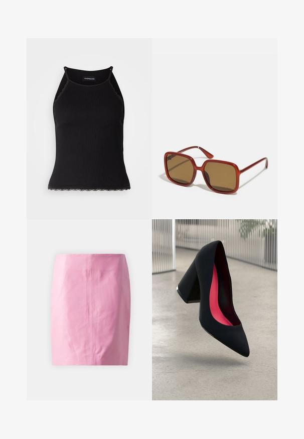 Melna ribota topiņa ar izšūtu mežģīņu apdari apakšmalā. Iezīmē plānas siksniņas un pielāgotu piegriezumu. Izgatavota no stiepjama auduma.; Rozā ādas mini svārki ar gludu tekstūru, tīrām līnijām un minimālu detalizāciju. Iekļauta centrāla aizmugurējā šuve, lai nodrošinātu struktūru.; Melna augsta papēža kurpe ar smailu purngalu, teksturētu virsmu un dzīvespriecīgu rozā interjeru. Satur masīlu papēdi ar sudraba akcentu.; Sarkani kvadrātveida saulesbrilles ar brūnām tonētām lēcām. Biezas, spīdīgas kājas un plānas rokturi ar nelielu detaļu sānos vizuālai interesei.