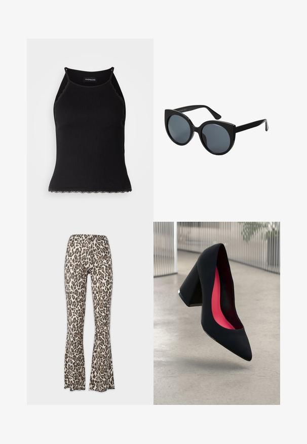 Črn rebrast top brez rokavov z valovitimi čipkastimi robovi na dnu. Ima tanke naramnice in oprijet kroj. Narejen je iz raztegljivega materiala.; Hlače z leopardjim potiskom, razširjene na dnu, v kremnih in rjavih odtenkih, z oprijetim pasom in širokim odprtjem. Gladka tekstura, raztegljiv material.; Črne visoke petke z nazobčanim prstom, teksturirano površino in živahnimi rožnatimi notranjimi deli. Imajo robustno peto z srebrnim akcentom.; Črne očalke z velikimi okvirji in obliko mačjih oči, temnim toniranim lečami in sijajnim plastičnim okvirjem. Imajo debele temple za podporo.