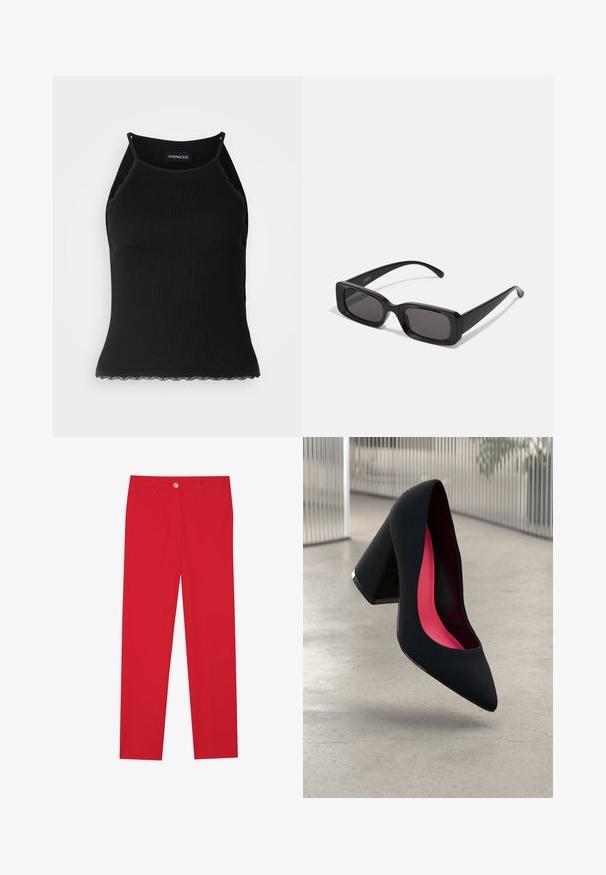 Czarny ribbed top na ramiączkach z falbaniastym koronkowym wykończeniem u dołu. Posiada cienkie ramiączka i dopasowany krój. Wykonany z rozciągliwego materiału.; Czerwone spodnie o prostym kroju, z płaskim przodem, zapięciem na jeden guzik i dwoma bocznymi kieszeniami. Gładki materiał bez widocznych wzorów lub akcentów.; Czarna szpilka o spiczastym nosie, z teksturowaną powierzchnią i intensywnie różowym wnętrzem. Posiada masywny obcas z srebrnym akcentem.; Czarne prostokątne okulary przeciwsłoneczne z ciemnymi szkłami, błyszczącym wykończeniem, szerokimi zausznikami i masywną konstrukcją. Wygrawerowana nazwa marki na jednym z zauszników.