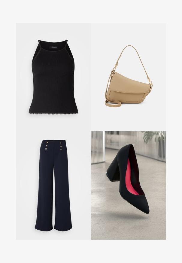 Černý žebrovaný top na ramínka s krajkovým lemem na spodním okraji. Obsahuje tenké ramínka a přiléhavý střih. Vyrobeno z elastické látky.; Námořnické široké kalhoty vyrobené z hladké látky, s čtyřmi zlatými knoflíky na vysokém pase.; Černá vysoká podpatková bota s špičatou špičkou, texturovaným povrchem a živým růžovým interiérem. Obsahuje masivní podpatek se stříbrným akcentem.; Even&Odd Kabelka - beige