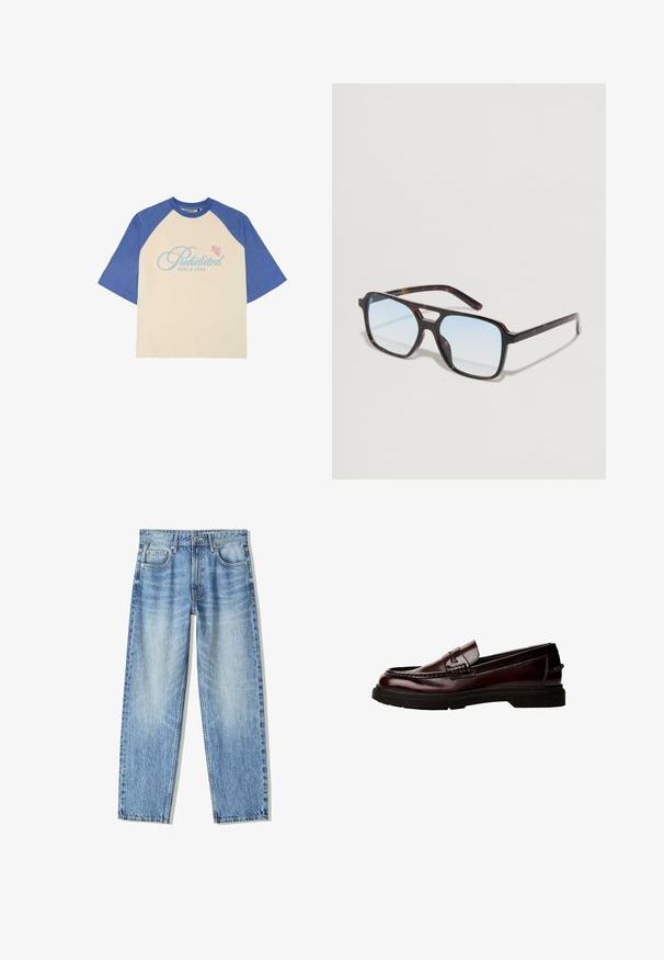 Kremna majica s plavimi raglan rokavi, ki ima napise "Prepovedano" in "Berlin Soho" v svetlo modri in roza barvi. Mehka bombažna tkanina.; Svetlo modri kavbojke z ohlapnim krojem, ravnim nogavicama, petimi žepi in zbledelim videzom. Imajo zadrgo in gumb na sprednji strani.; Rjave usnjene loafer čevlje z zaobljenim nosom, podrobnim šivanjem in gumijastim podplatom. Imajo okrasni trak in gladko teksturo.; Rjave mačkasté sončne očala z modrimi lečami, kvadratne oblike in subtilnim dizajnom nosu. Lahka plastična okvirja s elegantnimi ročaji.