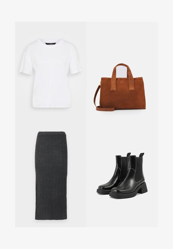 Bela kratka majica s kratkimi rokavi iz bombaža. Ima okroglo ovratnico in sproščen kroj, preprost dizajn brez vidnih vzorcev ali poudarkov.; Pleteni, reberasti midi krilo v temno sivi barvi. Ima prilegajoč silhueto in elastičen pas. Narejeno je iz mehkega, strukturiranega materiala.; Črne usnjene Chelsea škornje s širokim petami, elastičnimi stranskimi ploščami in kontrastnim belim šivanjem. Teksturirana površina.; Rjava semiš torbica z dvema zgornjima ročajema in nastavljivim ramenskim trakom. Ima strukturirano obliko in minimalističen dizajn.
