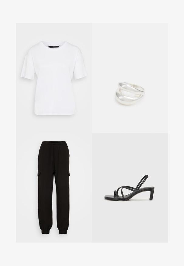 Bijela kratka majica s kratkim rukavima izrađena od pamuka. Ima okrugli izrez i opušteni kroj, s jednostavnim dizajnom bez vidljivih uzoraka ili akcenta.; Crne cargo hlače opuštenog kroja, s elastičnim pojasom, vezanjem uzicom i bočnim džepovima. Izrađene od lagane tkanine.; Crne sandale s trakama, kvadratnim prstom i niskom blok petom. Ima više tankih trakica i podesivu trakicu oko gležnja. Izrađene su od glatke kože.; Srebrna dvostruka prsten s glatkom, poliranom površinom. Karakterizira ga fluidan, zakrivljen dizajn s preklapajućim sekcijama za moderan izgled.; Srebrna dvostruka prsten s glatkom, poliranom površinom. Karakterizira ga fluidan, zakrivljen dizajn s preklapajućim sekcijama za moderan izgled.
