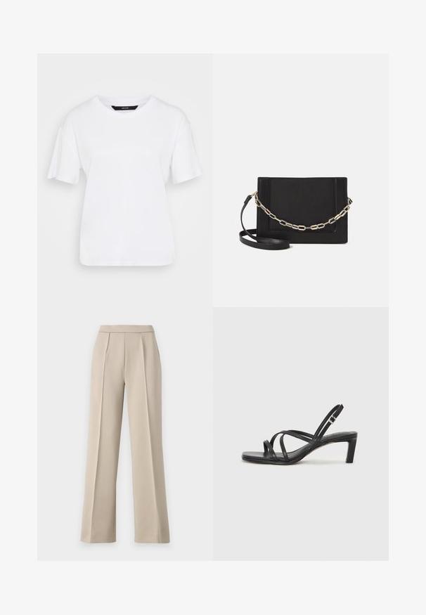 White short-sleeve t-shirt made of cotton. Features a round neckline and relaxed fit, with simple design and no visible patterns or accents.; Beige wide-leg trousers with a smooth texture. Features front pleats, a high waistband, and a tailored design. No pockets or visible hardware.; Black strappy sandal with a square toe and a low block heel. Features multiple thin straps and an adjustable ankle strap. Made of smooth leather.; Black leather crossbody bag featuring a smooth texture, rectangular shape, and a metallic chain detail on the front. Adjustable strap included.