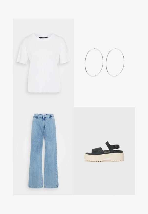 Weißes Kurzarm-T-Shirt aus Baumwolle. Es hat einen runden Ausschnitt und eine lockere Passform, mit einem schlichten Design ohne sichtbare Muster oder Akzente.; Hellblaue, weit geschnittene Jeans aus Denim mit hoher Taille, vorne mit Knopfverschluss und dezentem Verlauf über den Stoff.; Schwarze Wildleder-Plateausandalen mit einer klobigen weißen Sohle, breitem Vorderriemen und verstellbarem Knöchelriemen. Strukturierte Laufsohle für besseren Halt.; Silberne Creolen mit einem glatten, runden Design und einer polierten Oberfläche. Sie sind dünn und leicht und verfügen über einen einfachen Verschluss.