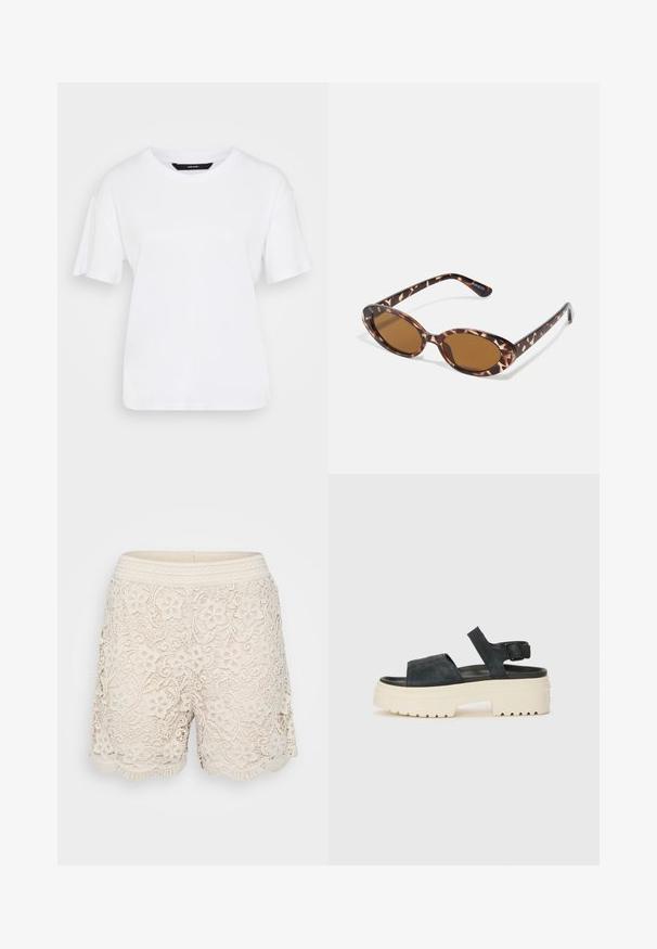 T-shirt bianco a maniche corte realizzato in cotone. Presenta un girocollo e una vestibilità rilassata, con un design semplice e senza motivi o accenti visibili.; Pantaloni shorts in pizzo color beige chiaro con motivi floreali, orlo ondulato e una vita a trama tessuta, caratterizzati da dettagli intricati in tutto il capo.; Sandali platform in suede neri con una robusta suola bianca, ampia fascia frontale e fibbia regolabile alla caviglia. Suola testurizzata per una migliore aderenza.; Occhiali da sole in tartaruga con lenti ovali, tono marrone, bracci sottili con un motivo testurizzato, montatura in plastica leggera.