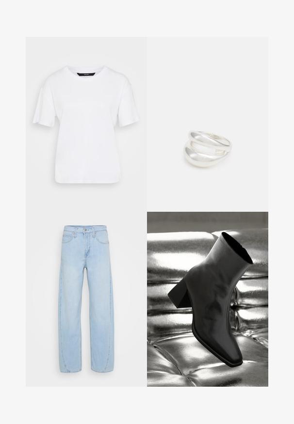 Balts īsās piedurknes T-krekls, izgatavots no kokvilnas. Ar apaļu kakla izgriezumu un brīvu piegriezumu, tam ir vienkāršs dizains bez redzamām rakstām vai akcentiem.; Gai zili džinsi ar platām kājām, izgatavoti no denima, ar augstu vidukli, piecām kabatām un kontrastējošiem šuvēm.; Melnas potītes kurpes, izgatavotas no spīdīga materiāla, ar kvadrātveida purngalu un konusveida papēdi, novietotas uz spīdīga sudraba izšūta fona.; Sudraba divu joslu gredzens ar gludu, pulētu virsmu. Iezīmējas ar plūstošu, izliekta dizaina struktūru ar pārklājošām sekcijām modernam izskatam.