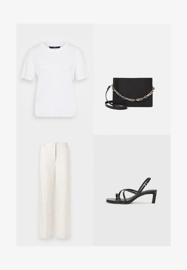 Balta trumpų rankovių marškinėliai, pagaminti iš medvilnės. Turi apvalų iškirpimą ir laisvą siluetą, su paprastu dizainu ir be matomų raštų ar akcentų.; Smėlio spalvos laisvi kelnių modeliai, pagaminti iš lino mišinio, pasižymintys lygiu paviršiumi, klasikinėmis priekinių raukšlių detalėmis ir šoninėmis kišenėmis patogumui.; Juodi šlepetės su kvadratiniu pirštu ir žemu bloku kulnu. Yra keli ploni dirželiai ir reguliuojamas kulkšnies diržas. Pagaminti iš lygios odos.; Juodas odinis per petį nešiojamas krepšys turi lygų paviršių, stačiakampio formą ir metalinę grandinėlę priekyje. Pridedama reguliuojama dirželis.