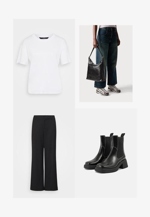 Biele tričko s krátkym rukávom vyrobené z bavlny. Má okrúhly výstrih a uvoľnený strih, s jednoduchým dizajnom a bez viditeľných vzorov alebo akcentov.; Čierne široké nohavice s bielymi prúžkami, vyrobené z hladkej látky, s plochým pásom a prispôsobeným strihom pre štruktúrovaný vzhľad.; Čierne kožené Chelsea čižmy s robustným podpätkom, elastickými bočnými panelmi a kontrastným bielym prešívaním. Textúrovaný povrch.; Čierna kožená taška cez rameno s hladkou textúrou a nastaviteľným popruhom, skombinovaná s vyblednutými širokými džínsy a športovými teniskami.