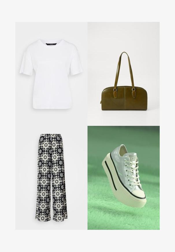 Camiseta blanca de manga corta hecha de algodón. Presenta un escote redondo y un corte relajado, con un diseño sencillo y sin patrones ni acentos visibles.; Pantalones de pierna ancha con un patrón en blanco y negro que presenta motivos de sol y concha. Elaborados con una tela ligera y una cinturilla cómoda.; Zapatilla plateada metálica con suela de plataforma, cordones blancos y acentos negros. Cuenta con una puntera redondeada y suela de goma texturizada.; Bolso de mano de cuero verde oliva con forma redondeada, asas dobles y parte frontal sin costuras. Presenta una textura suave y sutiles detalles de costura.