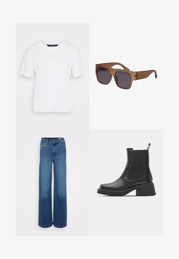 T-shirt branco de manga curta feito de algodão. Apresenta um decote redondo e um corte descontraído, com um design simples e sem padrões ou acentos visíveis.; Gap Tall CURVY HIGH RISE STRIDE SUTTON - Wide leg - dark indigo; Botas de tornozelo em couro preto com painéis laterais elásticos, biqueira arredondada e salto robusto em bloco. Textura suave com um design minimalista.; Sunglasses castanhos semi-transparentes com uma armação quadrada e lentes escuras. As hastes são elegantes e ligeiramente curvas para um aspeto moderno.