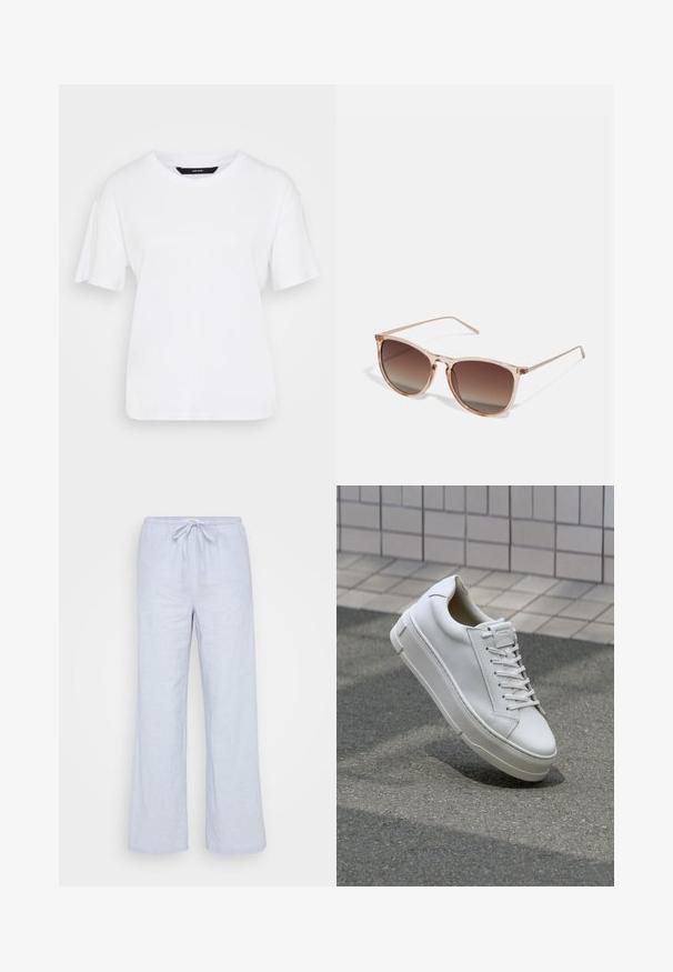 Bela kratka majica s kratkimi rokavi iz bombaža. Ima okroglo ovratnico in sproščen kroj, preprost dizajn brez vidnih vzorcev ali poudarkov.; Svetlo modri laneni hlače z udobnim krojem, pasom na vezanje in širokimi hlačnicami. Gladka tekstura, idealne za sproščeno nošenje.; Beli usnjeni športni copat z nizkim dizajnom, ravnimi vezalkami, zaobljenim nosom in teksturiranimi stranicami. Debel gumijast podplat z diskretnimi poudarki.; Rjavi gradient sončna očala s prozornim roza okvirjem, kvadratne oblike in tankimi kovinskimi ročaji. Imajo zaobljene robove in minimalne detajle.