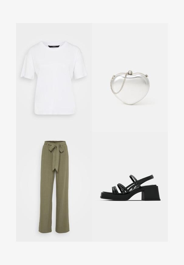 Hvit t-skjorte med korte ermer laget av bomull. Har en rund halsutringning og avslappet passform, med enkel design og uten synlige mønstre eller detaljer.; Olivengrønne bukser med vide ben og bælte i taljen, lavet af et tekstureret stof, med en glat finish og skræddersyet snit.; Sorte hælede sandaler med flere tynde stropper og en bred blokhæl. Slank design med en mat tekstur. Sål har en let kurve.; Hjerteformet metallisk sølv clutch veske med en jevn tekstur, lås med klemme og en sølvkjede reim.
