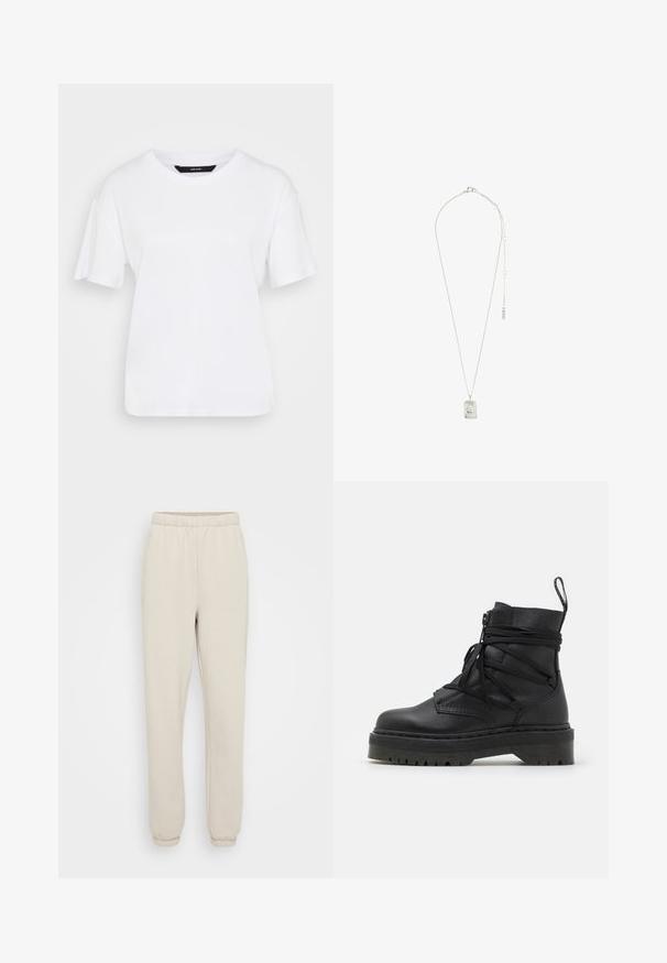 Balts īsās piedurknes T-krekls, izgatavots no kokvilnas. Ar apaļu kakla izgriezumu un brīvu piegriezumu, tam ir vienkāršs dizains bez redzamām rakstām vai akcentiem.; Gaiši beige treniņbikses, kas izgatavotas no mīksta auduma, ar elastīgu jostasvietu un aprocēm, kā arī divām sānu kabatām. Gluda tekstūra, brīva piegriezuma.; Melnas ādas potītes zābaki ar masīvu teksturētu zoli, piedāvā ar rāvējslēdzēju, auklu slēgšanu un cilpiņu aizmugurē.; Sudraba kaklarota ar taisnstūra piekariņu ar smalku dizainu, plānu ķēdīti un regulējamu aizdari garuma pielāgošanai.