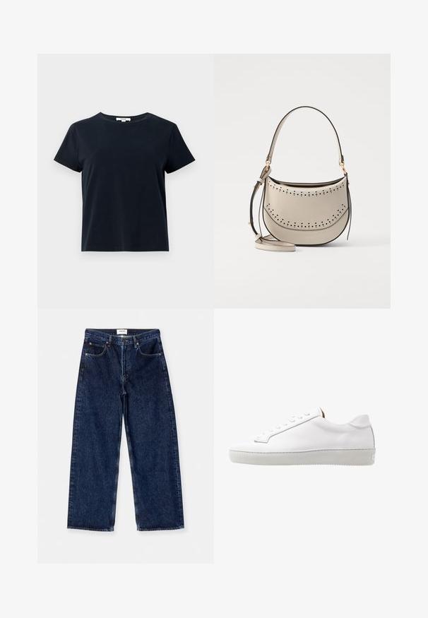 Tumed navy-sinine lühikeste varrukatega T-särk, valmistatud pehmest puuvillast, ümmarguse kaelusega ja vaba lõikega. Pole nähtavaid mustreid ega aksessuaare.; Tumedat sinise denimi laiad jalad teksad, millel on kõrge vöökoht, ees olevad taskud ning sile tekstuur koos peente õmblusele rõhutamisega.; Valge nahkne sneaker sileda tekstuuriga, ümmarguse varbaga, lame tald, õmblemisega detailid ja viis paelaavad. Minimalistlik disain.; Vanessa Bruno MINI DAILY BAG - Käekott - ivoire