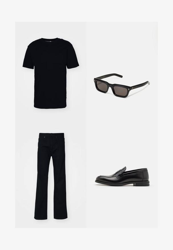 T-shirt nera a maniche corte realizzata in cotone. Presenta un colletto rotondo e una vestibilità classica. Nessun motivo visibile o dettagli in metallo.; Jeans neri a palazzo con chiusura a bottoni e zip, dotati di tasche anteriori e posteriori, realizzati in tessuto denim, con una texture liscia.; Mocassini neri in pelle con una texture liscia, punta arrotondata e una striscia decorativa sulla tomaia. Tacco basso impilato, design minimalista.; Occhiali da sole neri rettangolari con lenti scure, montatura spessa in plastica, dettagli dorati sulle tempie e logo del marchio inciso sull'asta.