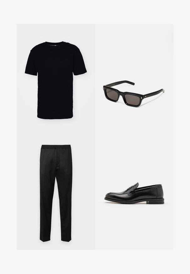 Schwarz, kurzärmliges T-Shirt aus Baumwolle. Hat einen runden Ausschnitt und eine klassische Passform. Keine sichtbaren Muster oder Metallakzente.; Filippa K RELAXED TROUSERS - Stoffhose - anthracite; Schwarze Lederloafers mit glatter Textur, rundem Zehenbereich und einem dekorativen Riemen über dem Vorderfuß. Niedriger, gestapelter Absatz, minimalistisches Design.; Schwarze rechteckige Sonnenbrille mit dunklen Gläsern, dickem Kunststoffrahmen, goldenen Akzenten an den Bügeln und eingraviertem Markenlogo am Arm.