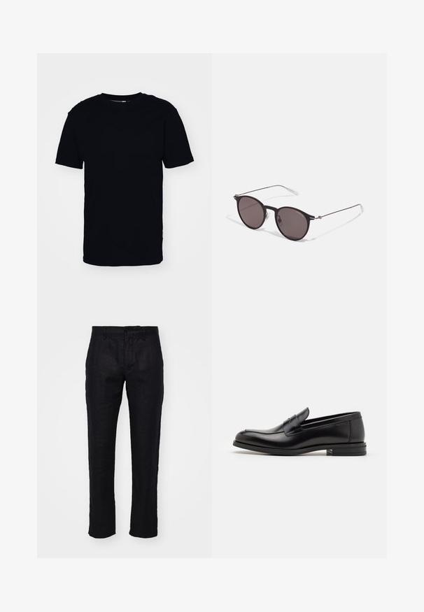 Schwarz, kurzärmliges T-Shirt aus Baumwolle. Hat einen runden Ausschnitt und eine klassische Passform. Keine sichtbaren Muster oder Metallakzente.; NN.07 THEO - Stoffhose - black; Schwarze Lederloafers mit glatter Textur, rundem Zehenbereich und einem dekorativen Riemen über dem Vorderfuß. Niedriger, gestapelter Absatz, minimalistisches Design.; Schwarze runde Sonnenbrille mit dunklen Gläsern und schlanken Metallbügeln. Enthält klare Tempelspitzen und silberne Akzente am Scharnier. Minimalistisches Design.