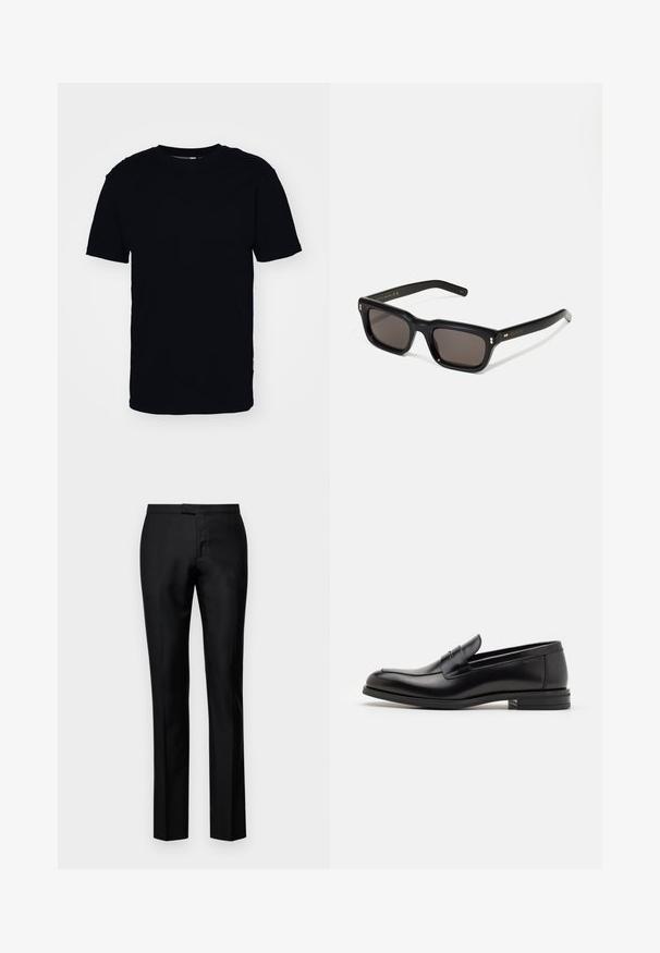 Black short-sleeve t-shirt made from cotton. Features a round neckline and a classic fit. No visible patterns or hardware accents.; Black tailored trousers with a smooth texture, straight leg design, a zip fly, and standard waist, featuring subtle front pockets.; Black leather loafers with a smooth texture, rounded toe, and a decorative strap across the vamp. Low stacked heel, minimalist design.; Black rectangular sunglasses with dark lenses, thick plastic frame, gold accents on temples, and brand logo engraved on the arm.