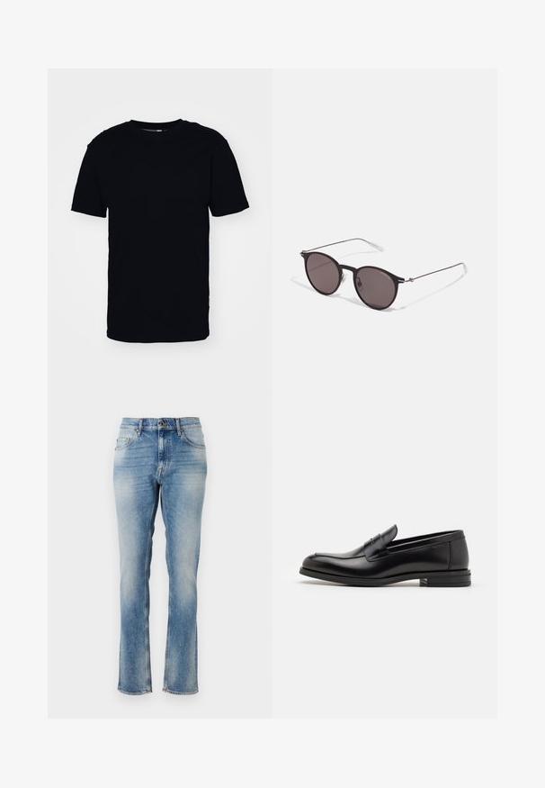 Fekete, rövid ujjú pamut póló. Kerek nyakkivágással és klasszikus szabással rendelkezik. Nincsenek látható minták vagy fém kiegészítők.; Világoskék farmernadrág, egyenes lábformával, finom kopásokkal, öt zsebbel, valamint varrott díszítésekkel a deréknál és a szegélyeknél.; Fekete bőr loaferek sima textúrával, kerek orral és dekoratív pánttal a vampnál. Alacsony, rétegelt sarkú, minimalista dizájn.; Fekete kerek napszemüveg sötét lencsékkel és karcsú fém szárakkal. Átlátszó szárvégeket és ezüst részleteket tartalmaz az ívnél. Minimalista dizájn.