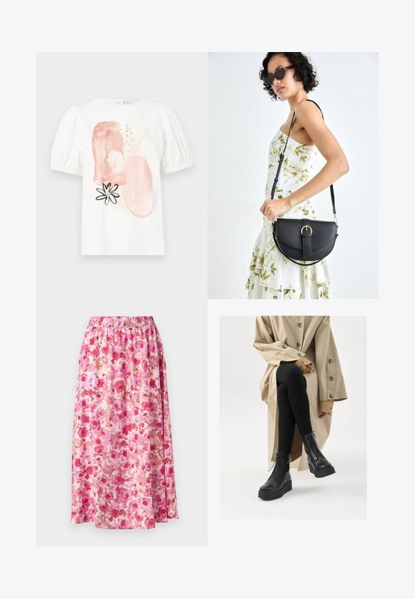 Blusa branca de manga curta com ombros bufantes, apresentando padrões abstratos em rosa e dourado e um desenho de flor preta na frente.; Saia maxi floral com Cintura Pregueada. Apresenta um padrão floral em rosa vivo e creme em tecido leve.; Botas de tornozelo de couro preto com detalhe de atacadores, sola de plataforma elevada e leggings pretas texturizadas, usadas com um trench coat bege claro.; Bolsa de couro preta com forma curva, alça destacável e detalhes em dourado. A bolsa possui uma aba com detalhe de fivela.