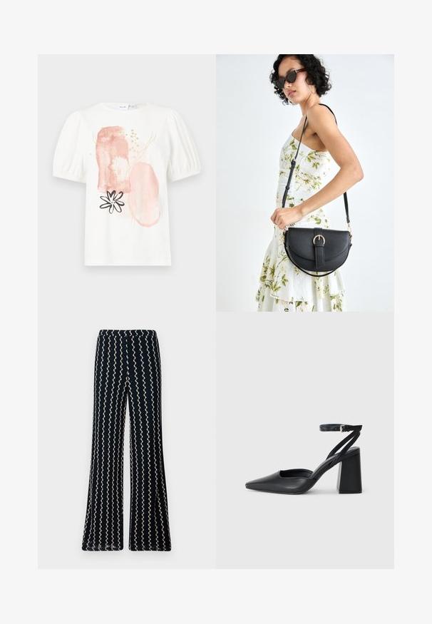 White short-sleeve top with puffed shoulders, featuring abstract pink and gold patterns and a black flower design on the front.; Navy flared pants with a textured fabric, featuring wavy cream stripes running vertically, and a comfortable elastic waistband.; Black leather pointy-toe pump with an ankle strap and a chunky heel. Flat texture, sleek design, and minimalistic aesthetics.; Black leather handbag with a curved shape, detachable strap, and gold hardware. The bag features a flap with a buckle detail.