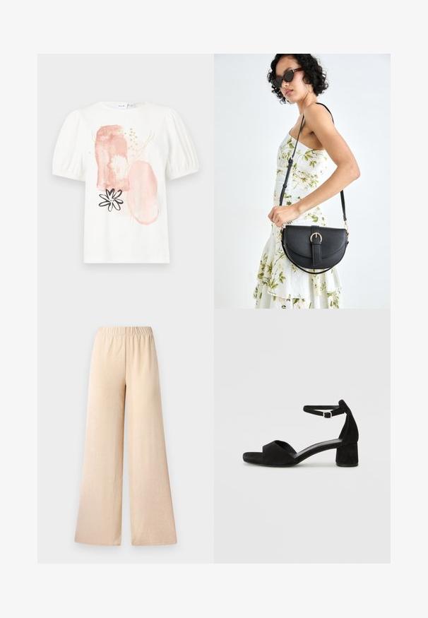 Valge lühikeste varrukatega pluus, millel on puhvõivad, esitleb abstraktseid roosa ja kuldsetest mustritest ning musta lillemotiivi ees.; Laiad püksid heleses värvitoonis, millel on struktureeritud kangas ja elastne vöökoht mugavuse tagamiseks. Ilma taskute ja nähtavate kinnitusmehhanismideta.; Mustad nahast kontsad avatud varvastega, millel on õhuke pahkluu rihm ja tagasihoidlik plokkkonts. Sile tekstuur ja minimaalsed aksessuaarid.; Mustmust mustraha kõverate joontega, eemaldatava rihmaga ja kuldsete detailidega. Kotil on klapp, millel on pandladetail.