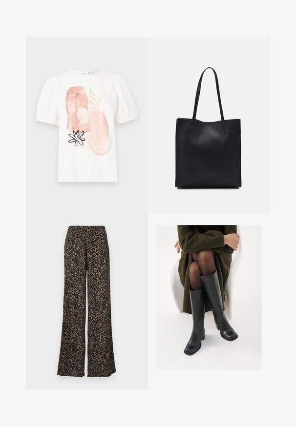 Hvit topp med korte ermer og puffede skuldre, dekorert med abstrakte rosa og gullmønstre samt et svart blomstermotiv på forsiden.; Videbukser med leopardmønster i sort og brune nyanser, laget av lett stoff med elastisk midje.; Knæhøye sorte lærstøvler med firkantet tå og blokkhelt, vist med en modell som sitter iført en olivengrønn kåpe. Glatt tekstur, minimal detaljering.; Svart lær tote bag med glatt tekstur, rektangulær form og to lange håndtak. Ingen synlige deler eller dekorasjoner.