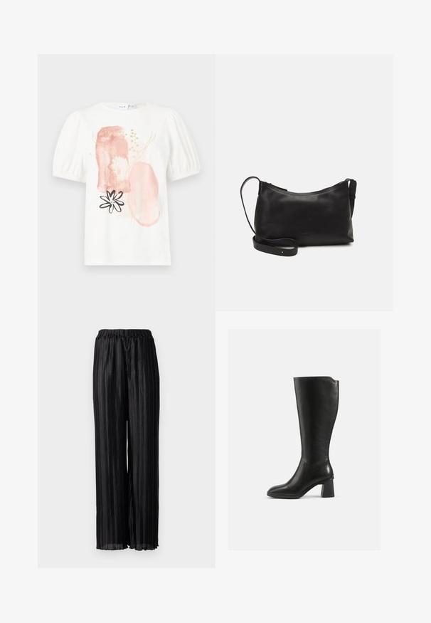 White short-sleeve top with puffed shoulders, featuring abstract pink and gold patterns and a black flower design on the front.; Black pleated wide-leg trousers with an elastic waistband, made from a shiny fabric that enhances the texture and drape.; Black leather knee-high boot with a square block heel. Smooth texture, fitted design, minimal stitching detail, and rounded toe.; Black leather shoulder bag with a smooth texture, curved shape, adjustable strap, and a zip closure. Minimalist design without embellishments.