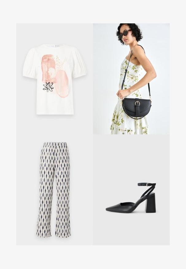 White short-sleeve top with puffed shoulders, featuring abstract pink and gold patterns and a black flower design on the front.; Wide-leg pants in a cream fabric, featuring a repetitive navy teardrop pattern. Elastic waistband and soft texture enhance comfort.; Black leather pointy-toe pump with an ankle strap and a chunky heel. Flat texture, sleek design, and minimalistic aesthetics.; Black leather handbag with a curved shape, detachable strap, and gold hardware. The bag features a flap with a buckle detail.