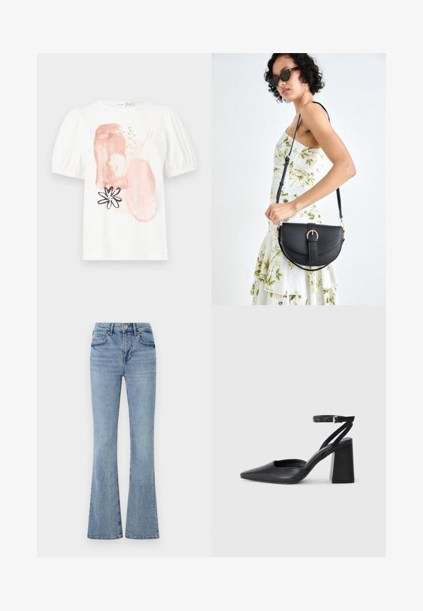 Top blanco de manga corta con hombros abullonados, que presenta patrones abstractos en rosa y dorado y un diseño de flor negra en la parte delantera.; Jeans de mezclilla azul claro con cintura alta, con botón y cremallera en la parte frontal, cinco bolsillos y piernas ligeramente acampanadas.; Zapato de tacón puntiagudo de cuero negro con tira en el tobillo y tacón ancho. Textura plana, diseño elegante y estética minimalista.; Bolso de piel negra con forma curva, correa desmontable y herrajes dorados. El bolso cuenta con una solapa con un detalle de hebilla.