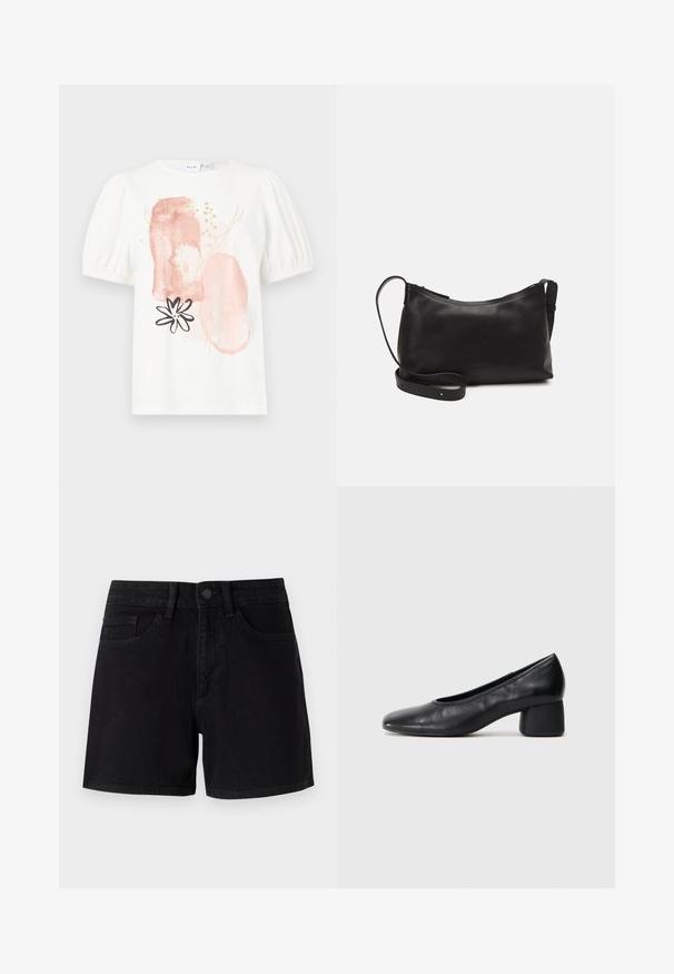 Hvit topp med korte ermer og puffede skuldre, dekorert med abstrakte rosa og gullmønstre samt et svart blomstermotiv på forsiden.; Sorte denimshorts med klassisk snitt, med knappåpning foran, tradisjonelle lommer og en glatt tekstur.; Sorte lærpumps med rund tå og mellomstor blokkhæl. Glatt tekstur med minimalt med detaljer, og har en subtil elastisk åpning.; Svart skinn skulderveske med glatt tekstur, buet form, justerbar stropp og glidelås. Minimalistisk design uten dekorasjoner.