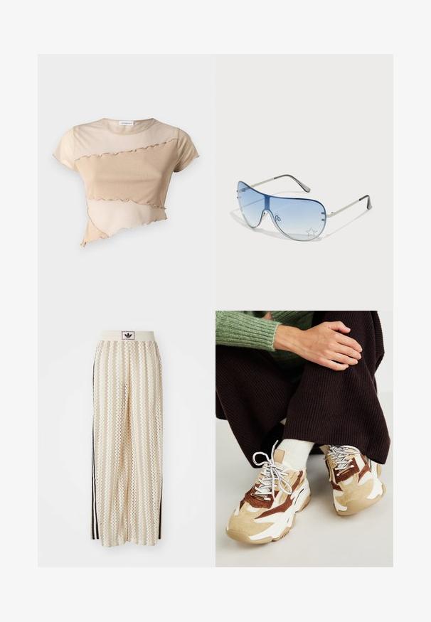 Crop top beige en tissu doux, avec un ourlet volanté et un design asymétrique avec des textures contrastantes. Manches courtes et col rond.; Pantalons larges crème avec un motif en zigzag, dotés d'une ceinture logo noire et de bandes noires sur les côtés. Tissu léger et texturé.; Steve Madden POSSESSIONE - Baskets basses - brown/sand; Lunettes de soleil aviateur avec des verres dégradés bleus, une monture en métal argenté et des accents décoratifs en forme d'étoile sur les verres. Design lisse et élégant.