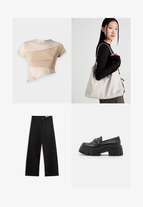 Top scurt bej, realizat dintr-un material moale, cu un tiv volan și un design asimetric, punând în evidență texturi contrastante. Mânici scurte și guler rotund.; Pantaloni din denim negri cu picioare largi, cu talie înaltă, având buzunare frontale și posterioare, cusături dublate și închidere cu nasture. Textură netedă.; Buffalo LION LOAFER - Pantofi slip-on - black; Geantă bej din material moale, cu un design lejer, detalii cusute și două bretele pentru umăr. Potrivită pentru utilizarea zilnică.
