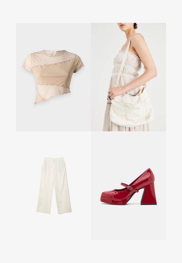 Beige crop top made of soft fabric, featuring a ruffled hem and asymmetrical design with contrasting textures. Short sleeves and crew neck.; Wide-leg trousers in cream fabric with a smooth texture, featuring a single front button, subtle pleats, and a high waist design.; Red patent leather Mary Jane high heel shoe with a round toe, platform front, buckle strap, and a sculpted block heel.; White fabric shoulder bag with gathered texture, adjustable strap, and silver hardware. Displayed alongside a cream-colored dress.