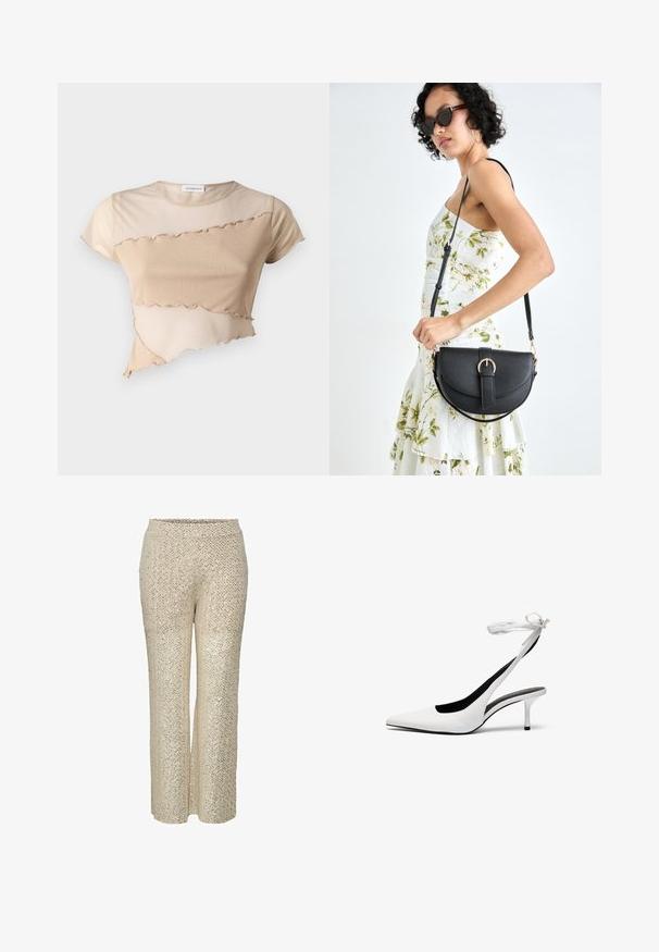 Beige crop top gemaakt van zachte stof, met een gerimpelde onderkant en een asymmetrisch ontwerp met contrasterende texturen. Korte mouwen en ronde hals.; Beige paillettenbroek met een zigzagpatroon, hoge taille en wijde pijpen, met een gladde textuur en glanzend oppervlak.; Witte pointed-toe slingback hakken met een dunne enkelband. Gladde leren materiaal, dunne stilettohak en een zwarte binnenvoering.; Zwarte leren handtas met een gebogen vorm, afneembare schouderband en gouden hardware. De tas heeft een klep met een gespsluiting.