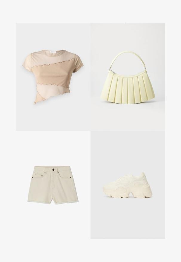 Väriharmaa lyhyt toppi pehmeästä kankaasta, jossa on röyhelöhelma ja epäsymmetrinen muotoilu, jossa on kontrastisia tekstuureja. Lyhyet hihnat ja pyöreä kaula-aukko.; Farkkushortsit off-white väriin, joissa on repaleinen helma, viisi taskua ja metalliset yksityiskohdat. Klassinen vyötärö ja rento istuvuus.; Paksut valkoiset lenkkarit, jotka on valmistettu teksturoidusta verkosta ja synteettisistä materiaaleista. Kenkäparissa on paksu pohja ja monimutkaisat kuviohuokoset sivuilla.; Kermapunainen taitettu käsilaukku, jossa on yksi kaareva kahva ja hopeinen vetoketju, tasaisella valkoisella taustalla.