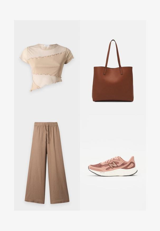 Crop top beige en tissu doux, avec un ourlet volanté et un design asymétrique avec des textures contrastantes. Manches courtes et col rond.; Pantalons larges en tissu brun clair, dotés d'une taille élastique avec un cordon de serrage et d'une finition lisse et texturée.; Chaussure de course rose avec une tige en mesh, présentant un design texturé et des accents marron. Semelle légère avec un amorti significatif.; Sac fourre-tout en cuir marron avec une texture lisse, design à ouverture supérieure et deux poignées pour le porter à l'épaule. Présente des coutures minimales et aucun matériel visible.