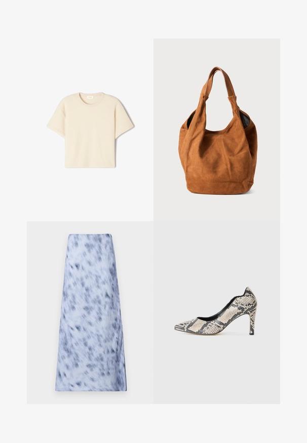 Lühikeste käistega beež T-särk pehmest kangast, millel on ümmargune kaelus ja vaba lõige, peene tekstuuriga ning ilma nähtavate mustriteta.; Pikk, helesinine seelik, millel on udune tume sinine mustrit. Kanga välimus on pehme, sile ja lihtsa disainiga.; Kitsa varba ja kõrge kontsaga kingad, millel on must ja beež käärme nahamuster, kangast ülemine osa ja peen must stilettokonts.; Pruun nubukist õlakott pehme tekstuuri, kumeriku kuju ja kahe käepideme ning minimaalsete joontega. Funktsioneerib ilma nähtava riistvara või aksessuaarideta.