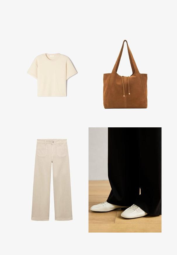 Kratki rukavi, bež T-shirt od mekog materijala, s okruglim izrezom i opuštenim krojem, s suptilnom teksturom i bez vidljivih uzoraka.; Bež hlače širokih nogavica od pamuka. Imaju zip zatvaranje, prednji gumb i dva džepa na stražnjoj strani. Čisti rub bez ukrasa.; Bež kožne cipele s elegantnim, zaobljenim vrhom i dekorativnim vezicama, u kombinaciji s labavim crnim hlačama, na drvenom podu.; Smeđa antilop torba za ruke s dva duga remena, zatvaranje na vezicu i minimalistički dizajn. Glatka tekstura i bez vidljivih metalnih elemenata.
